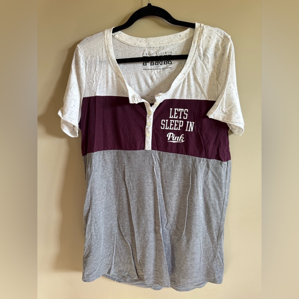 PINK Victoria's Secret White, Burgundy, and Gray Pajama Top
